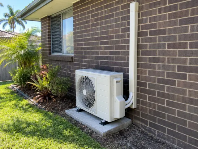 Outdoor air conditioner unit on a concrete pad beside a brick house with pipe cover in Tweed Heads
